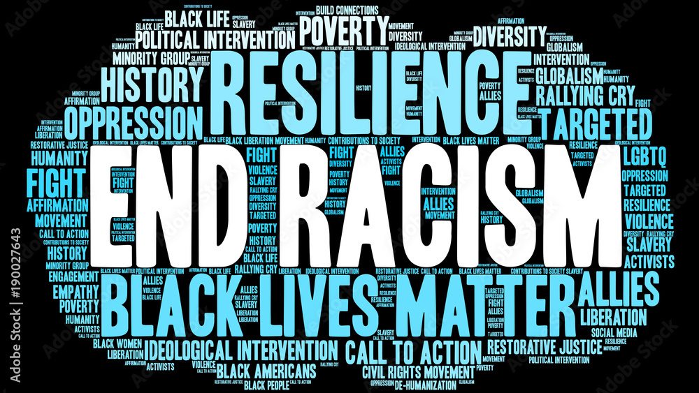 Obraz premium End Racism Word Cloud on a black background. 