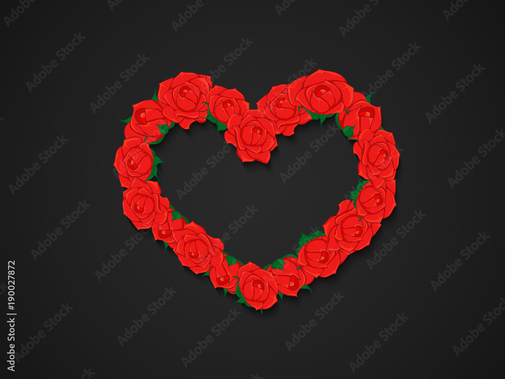 wreath of red roses in heart shape on dark background
