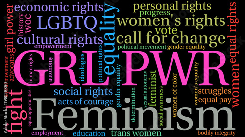 GRL PWR Word Cloud on a black background. 