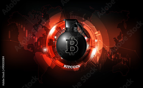 Bitcoin cryptocurrency and world globe hologram as hand grenade, cryptocurrency money crisis, currency financial crisis concept, vector illustration
