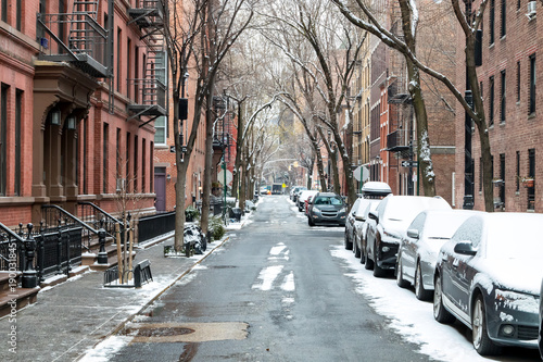 Snow covered Barrow Street in Greenwich Village  Manhattan New York City