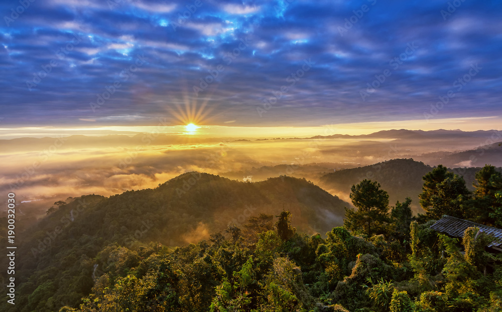 Sunrise in the mountain. At Wat Phrachao Luang Temple, Chiang Rai, Thailand.