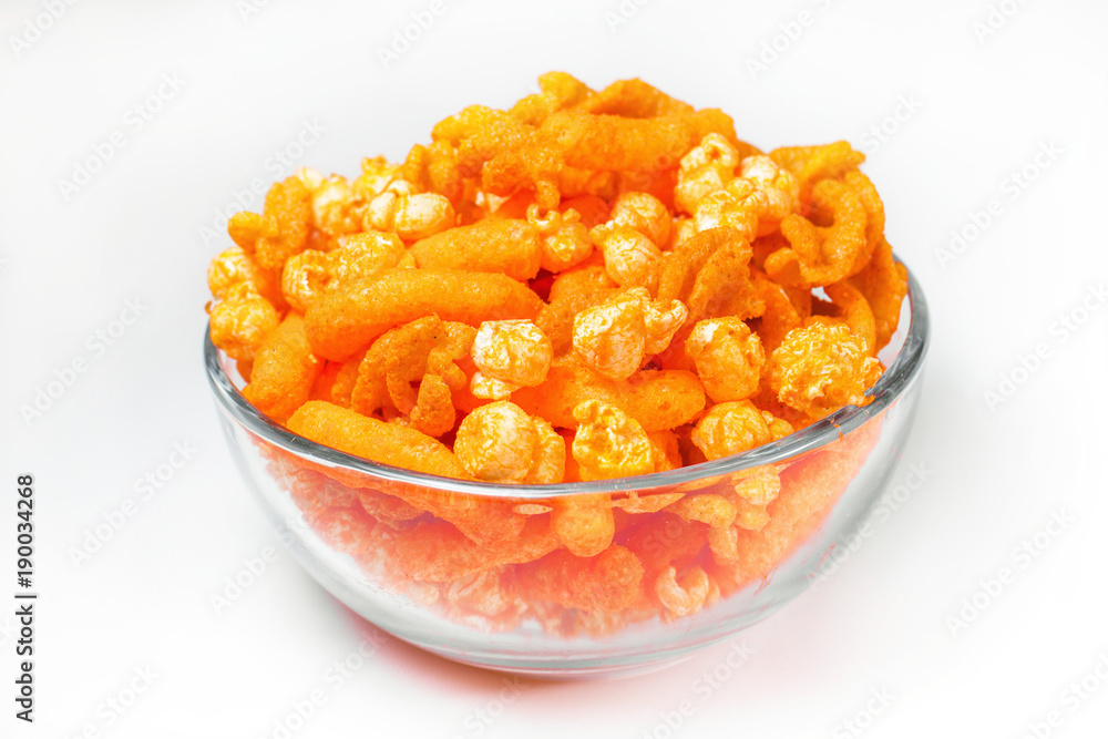 Orange Cheese Puff and popcorn Snack Background Orange Cheese Puff and popcorn Snack Background