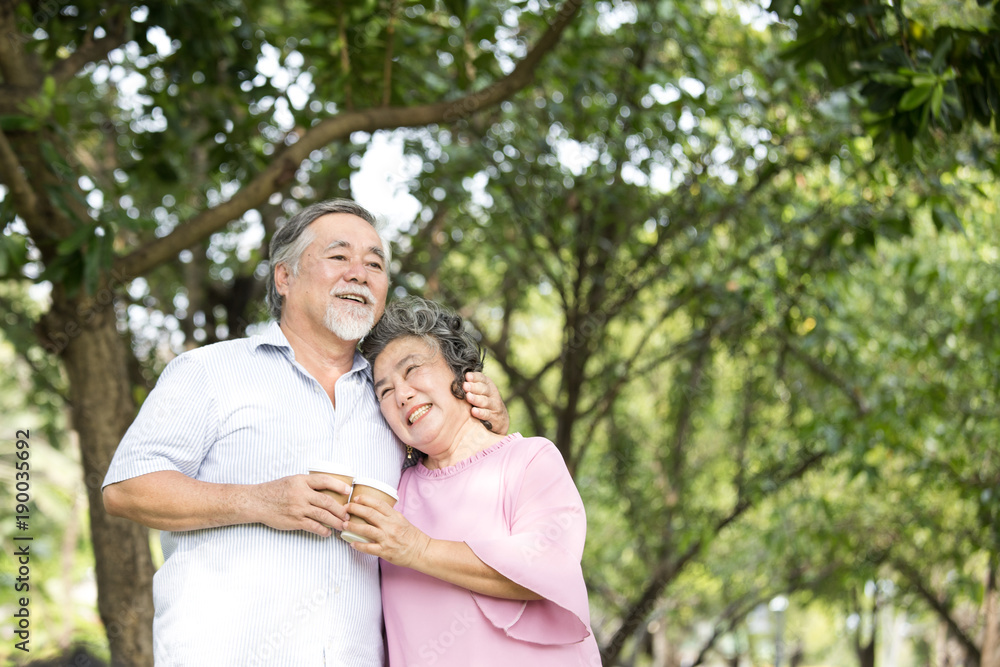 Asian Senior couple smiling together at outdoor park. People lifestyle concept. Asian Senior couple smiling together at outdoor park. People lifestyle concept.