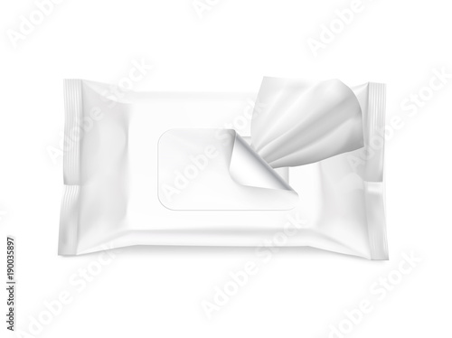 Mockup of wet wipe flow package with realistic transparent shadows. Vector illustration isolated on white background, ready and simple to use for your design.