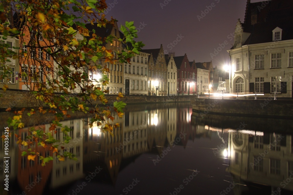 quiet nigh of Brugges, Belgium, traditional buildings along the river