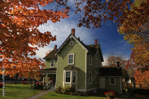 a house in autumn with colorful maple leaves as foreground in Canada