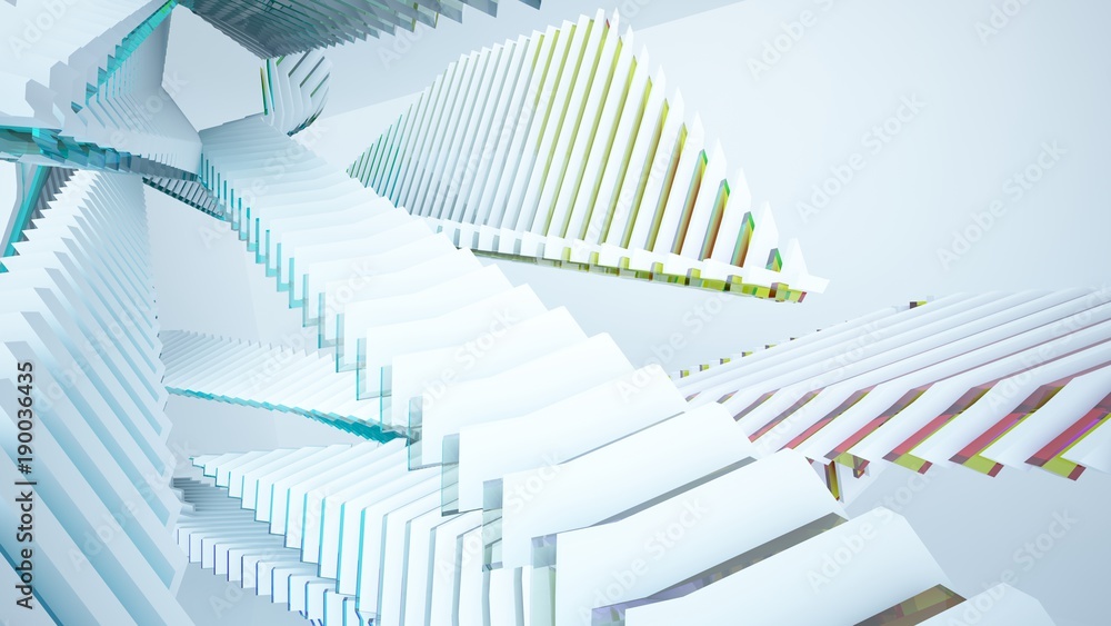 Fototapeta premium Abstract white and colored gradient glasses parametric interior with window. 3D illustration and rendering.