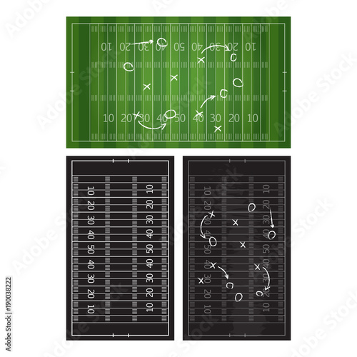 Football or soccer game strategy plan isolated on blackboard with chalk rubbed background. Football or soccer strategy board