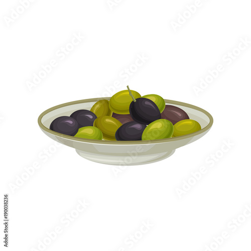 White plate of pickled black and green olives vector Illustration