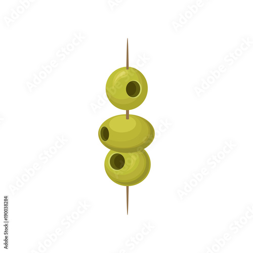 Green pickled olives on a wooden cocktail stick vector Illustration