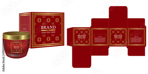 Packaging design, Label on cosmetic container with red and gold luxury box template and mockup box. illustration vector.