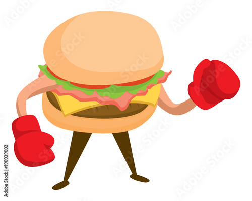 Cheese burger wearing boxing gloves