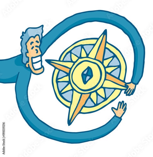 Man hugging a huge compass