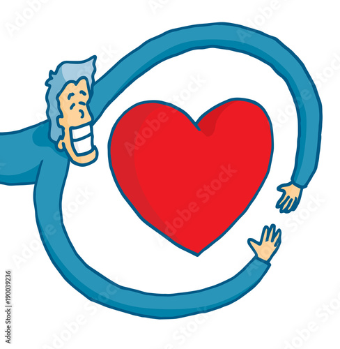 Happy man embracing love or hugging huge heart