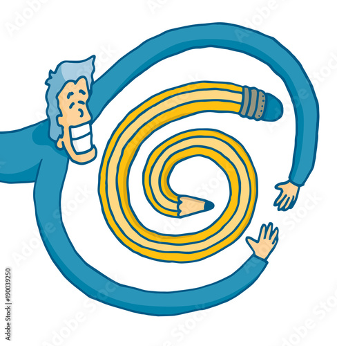 Happy man hugging a spiral pencil
