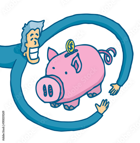 Happy man hugging his piggy bank