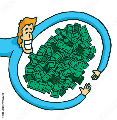 Happy rich man hugging his fortune