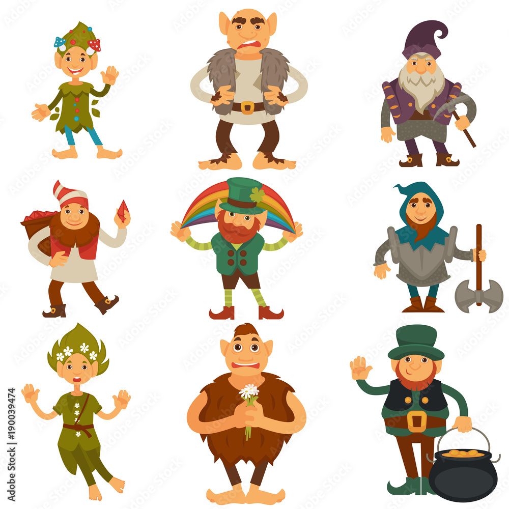 Fototapeta premium Gnomes, dwarfs or elf and leprechaun cartoon magic characters vector isolated icons