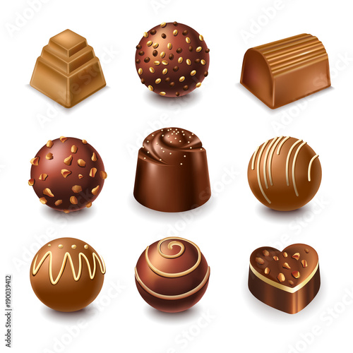 Chocolate candies and comfits sweets vector 3D realistic icons collection