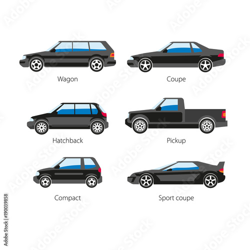 Car automobile body type names vector flat isolated icons set