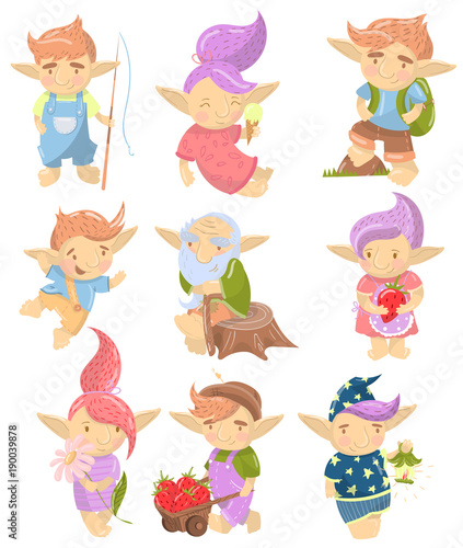 Cute troll characters set, funny creatures with colored hair in different situations cartoon vector Illustrations