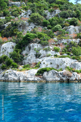 Beautiful view. Beautiful rocky coast with trees and blue sea.  © Alesya