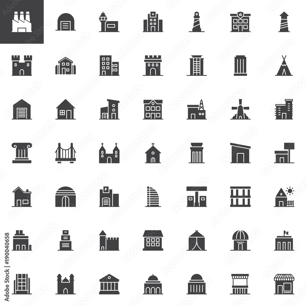 Buildings vector icons set, modern solid symbol collection, filled style pictogram pack. Signs, logo illustration. Set includes icons as factory, warehouse, airport, hospital, lighthouse, castle Buildings vector icons set, modern solid symbol collection, filled style pictogram pack. Signs, logo illustration. Set includes icons as factory, warehouse, airport, hospital, lighthouse, castle
