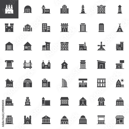 Buildings vector icons set, modern solid symbol collection, filled style pictogram pack. Signs, logo illustration. Set includes icons as factory, warehouse, airport, hospital, lighthouse, castle