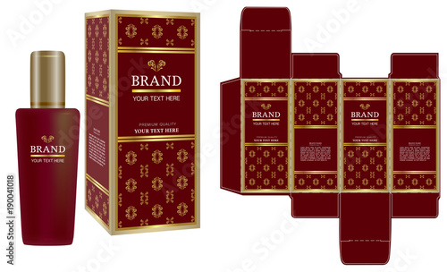 Packaging design, Label on cosmetic container with red and gold luxury box template and mockup box. illustration vector.