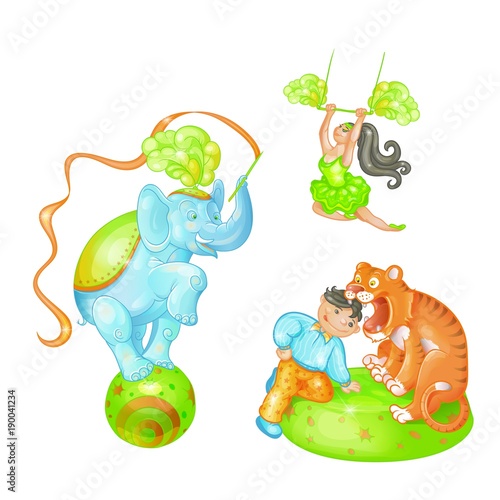 Vector bright illustration of the cartoon elements of a circus show on white background. A trained elephant on the ball, tiger and tamer, an air gymnast. Artists performing on stage.