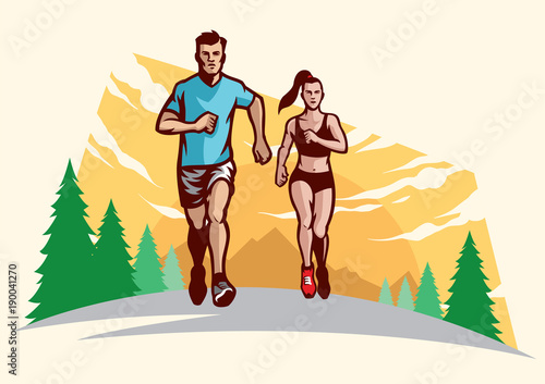 man and women running