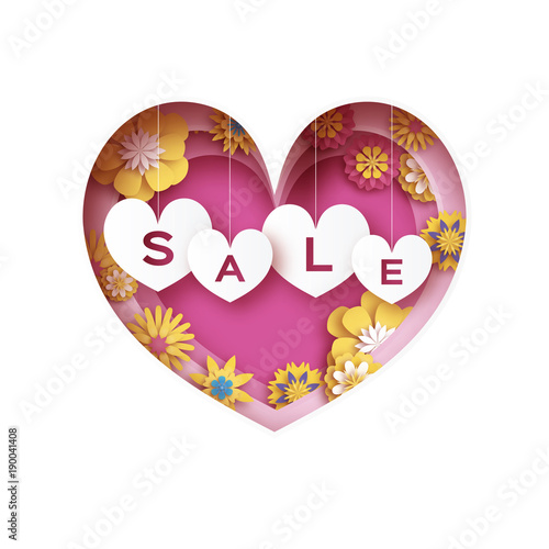 Heart layered frame. Pink Yellow Love Sale banner in paper cut style. Origami Happy Valentines day Greetings card. Romantic Holidays on pink. 14 February. Flowers. Spring blossom. Modern decor