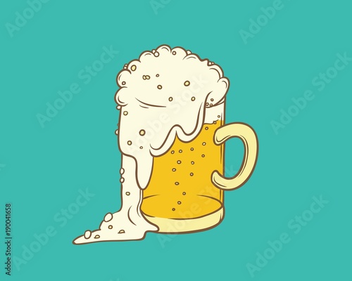 Vector isolated color sketch illustration pint, tumbler of beer. Bubbles and foam pouring from mug. Drink alcoholic beverage in glassware.