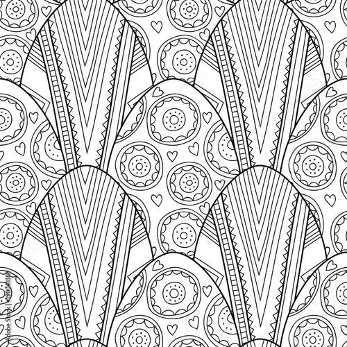 Easter eggs. Black and white seamless pattern for coloring books  pages. Vector