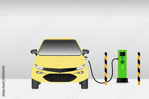 Electric car and charging station point., Technology EV, Automobile concept