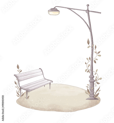 Wooden bench and Streetlight