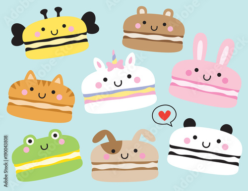 Vector illustration of cute macarons with animal faces including unicorn, panda, rabbit, bunny, bear, cat, dog, bee.
