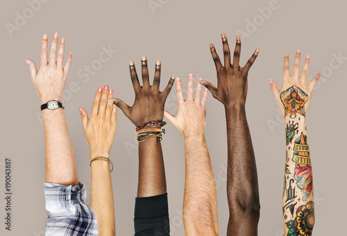 Diversity hands raised up gesture photo
