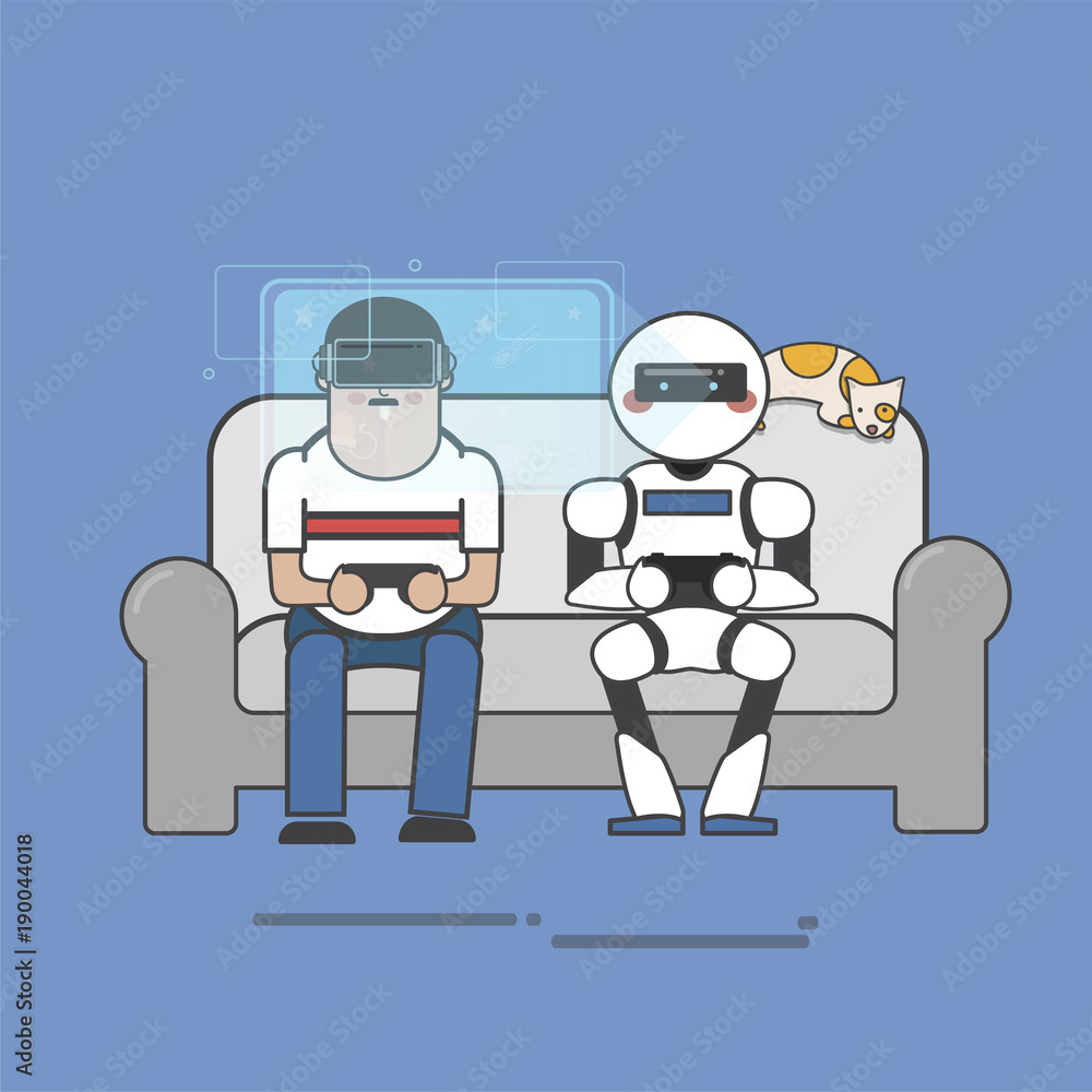 Robot and human sitting on a couch