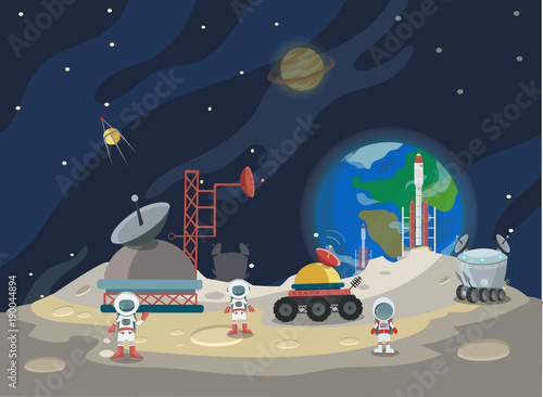 The man on Mars. Against the background of shuttles, spacecraft and satellites. Vector illustration.