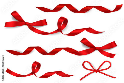 Set of beautiful red decorative bow with long curled red ribbon isolated on white background. Holyday decorations. Vector illustration