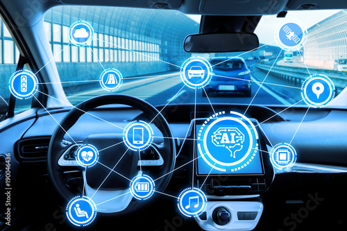 Cockpit of autonomous car and AI(Artificial Intelligence). Driverless car. Self driving vehicle. UGV. photo