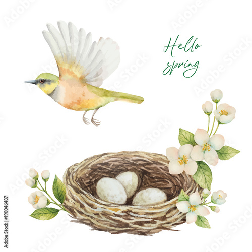 Watercolor vector wreath with bird, nest with eggs and flowers Jasmine isolated on a white background.