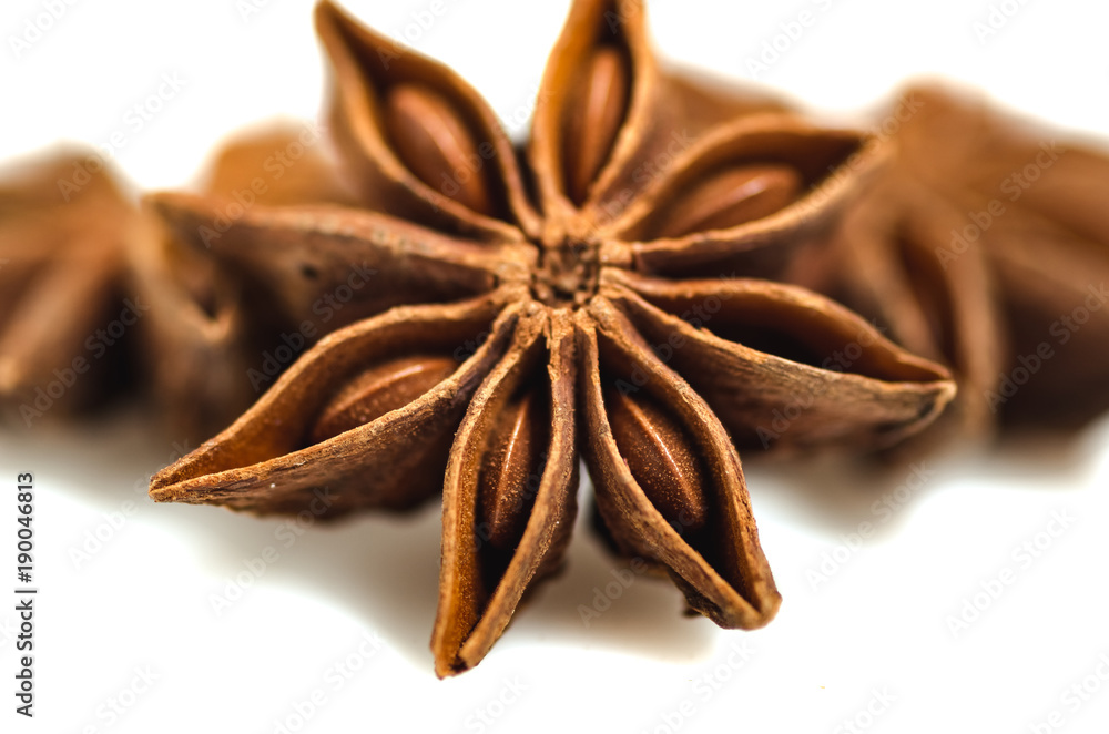 Illicium verum, Stars of dried anise isolated on white background, close up Illicium verum, Stars of dried anise isolated on white background, close up