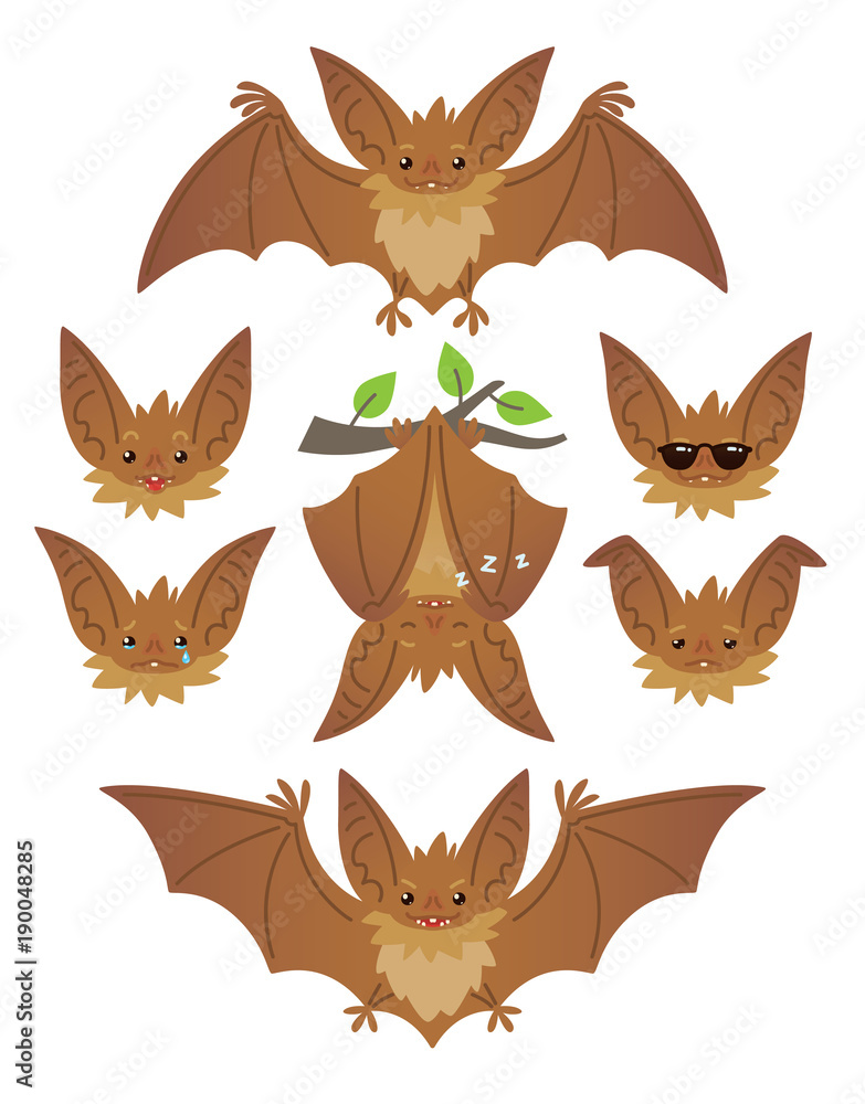 Bat in various poses. Flying, hanging. Brown bat-eared snouts with different emotions. Illustration of flat animal emoticons on white background. Cute mascot emoji set. Halloween smiley. Vector. Bat in various poses. Flying, hanging. Brown bat-eared snouts with different emotions. Illustration of flat animal emoticons on white background. Cute mascot emoji set. Halloween smiley. Vector.