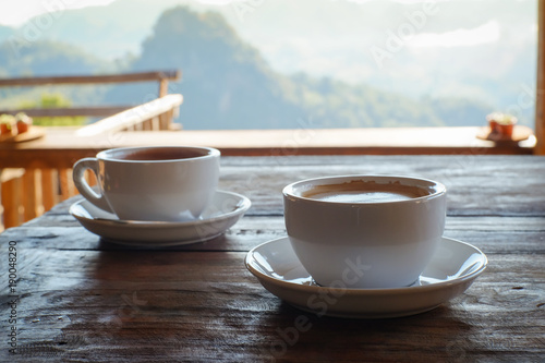 Hot Coffee in White Cup and Mountain View in Chiang Mai, Thailand