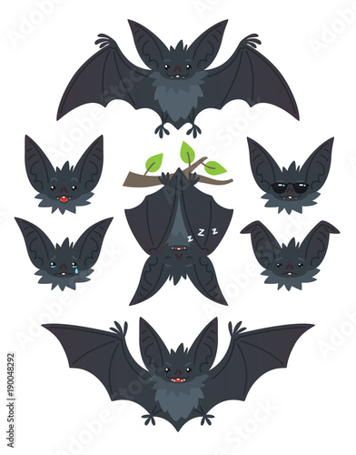 Bat in various poses. Flying  hanging. Grey bat-eared snouts with different emotions. Illustration of modern flat animal emoticons on white background. Cute mascot emoji set. Halloween smiley. Vector.