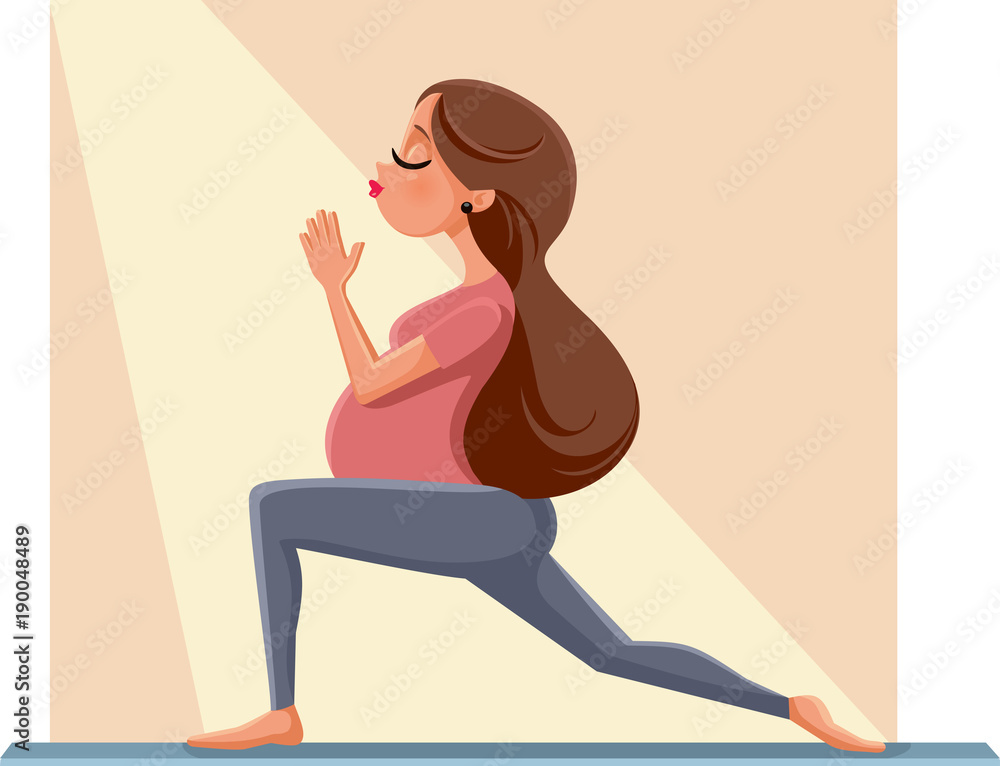 Pregnant Woman in Prenatal Yoga Pose Cartoon Illustration