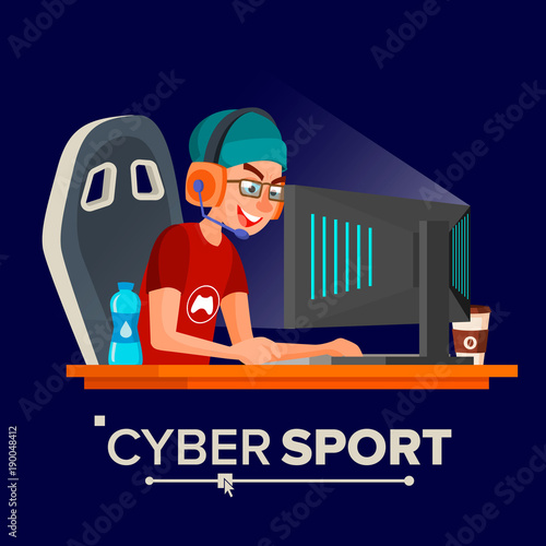 Cyber Sport Player Vector. Sitting At The Table. Cyber Sport Tournament. Competitive MMORPG. Final Match. Game Tactic. Flat Cartoon Illustration